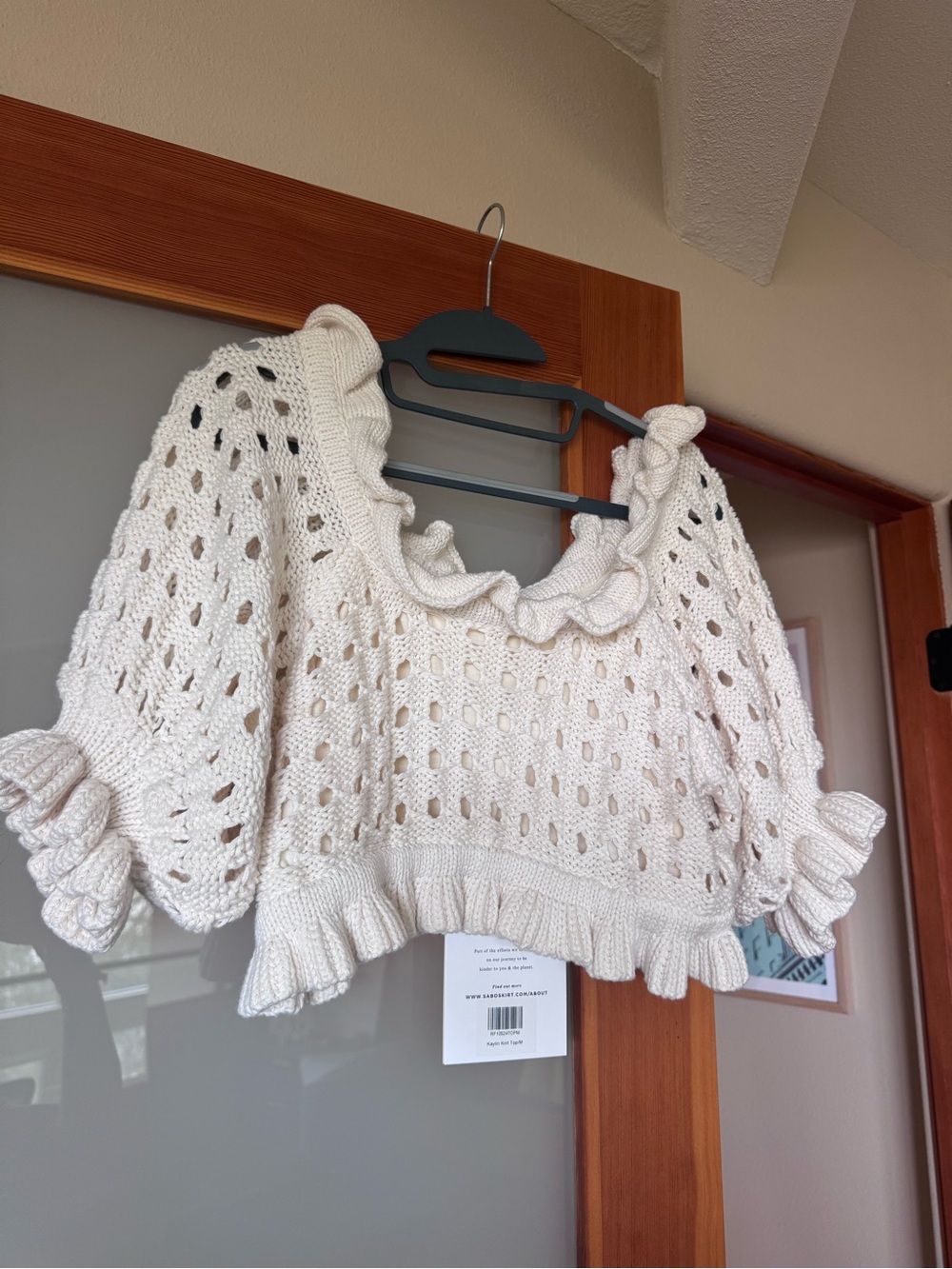 Ruffled Open-Knit Crop Top - Cream